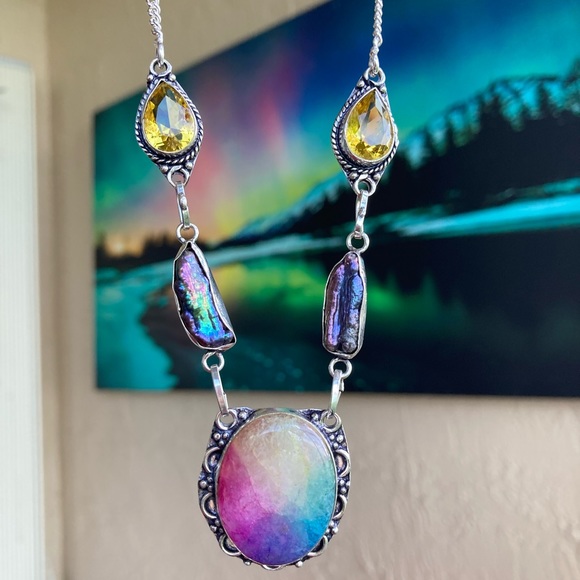 925 sterling silver overlay citrine black pearl Rainbow solar quartz necklace - Picture 11 of 15